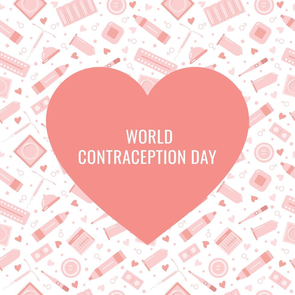 Square World Contraception Day postcard in a flat style with a seamless pattern and a heart. Birth control methods. Template for a social media post. Vector