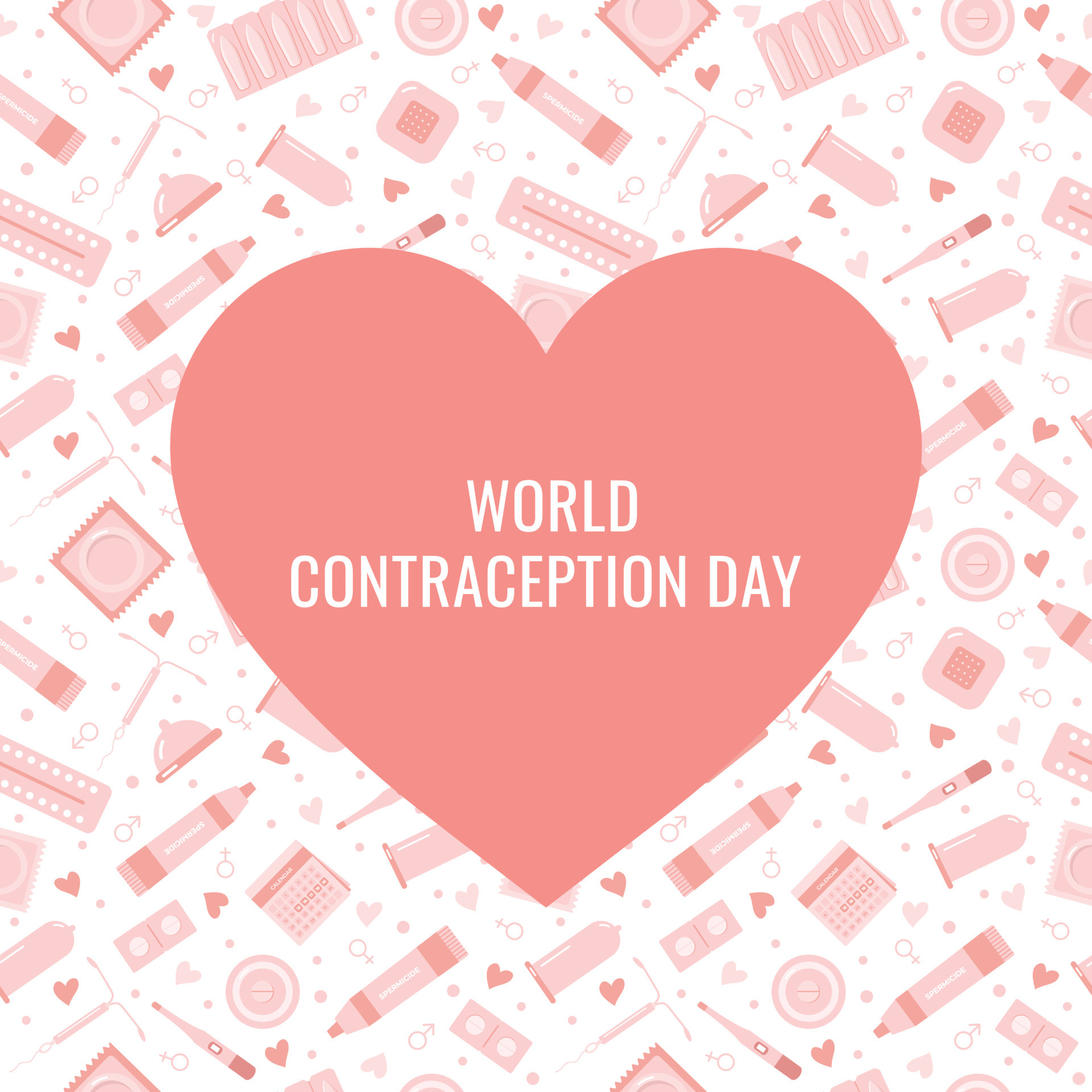 Square World Contraception Day postcard in a flat style with a seamless pattern and a heart
