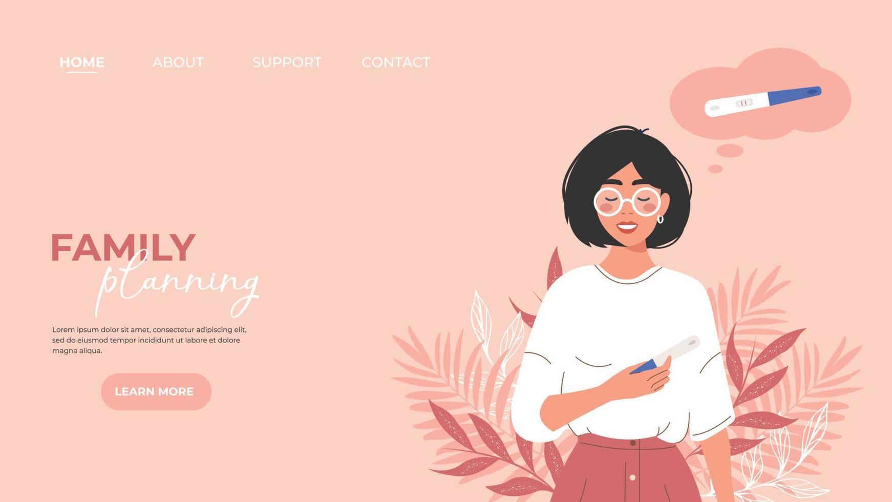 Family planning website landing page for pregnant women with an image of a pregnant girl holding a positive test. Vector