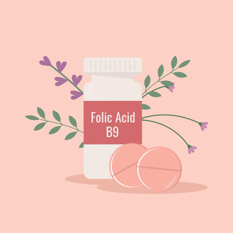 Illustration of a dietary supplement, vitamin, folic acid in a jar. Concept for planning pregnancy and keeping your baby healthy. Vector