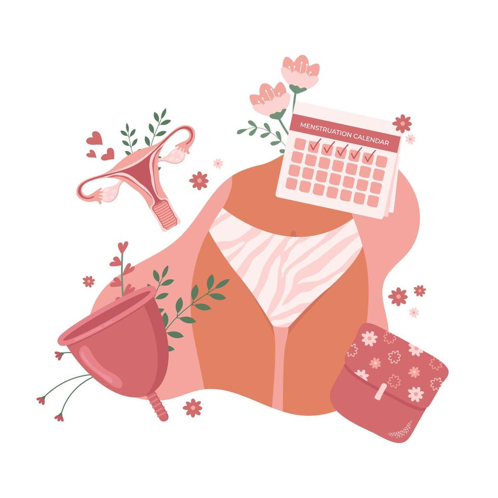 Flat menstrual design concept with feminine hygiene items, pads, menstrual cup, uterus, female body on pink background, vector