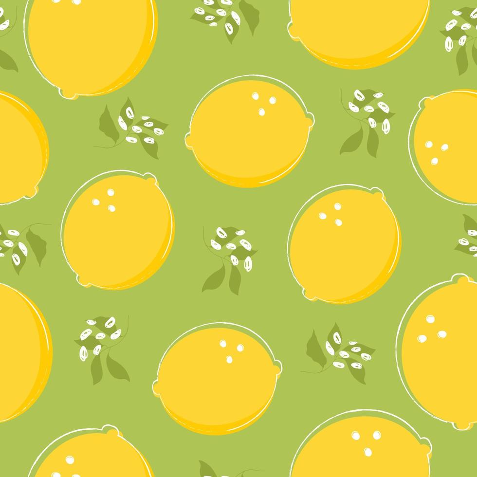 Citrus background of fresh lemons in a flat style. Colourful vector wallpaper. Seamless pattern. Vector illustration for printing