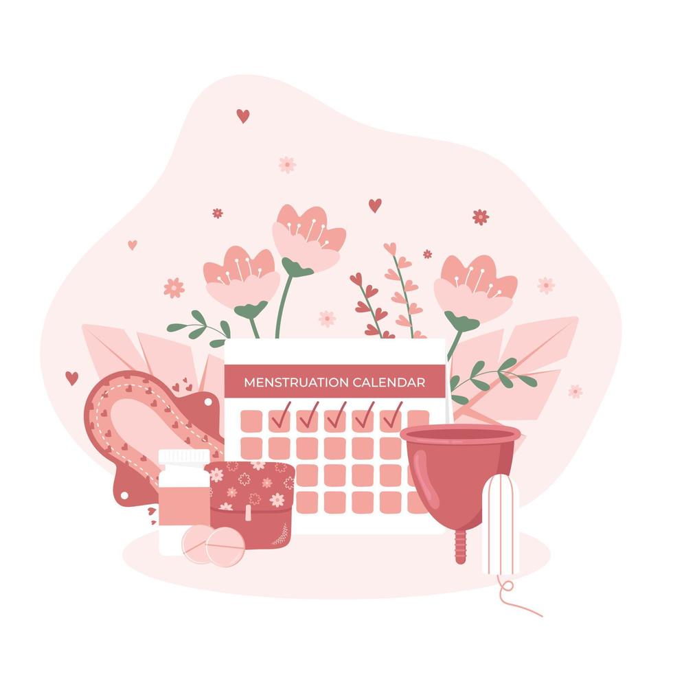 Illustration of the menstruation calendar, keeping track of a woman's cycle. Menstruation, cycle, feminine hygiene, critical days, medicine, gynaecology. Vector