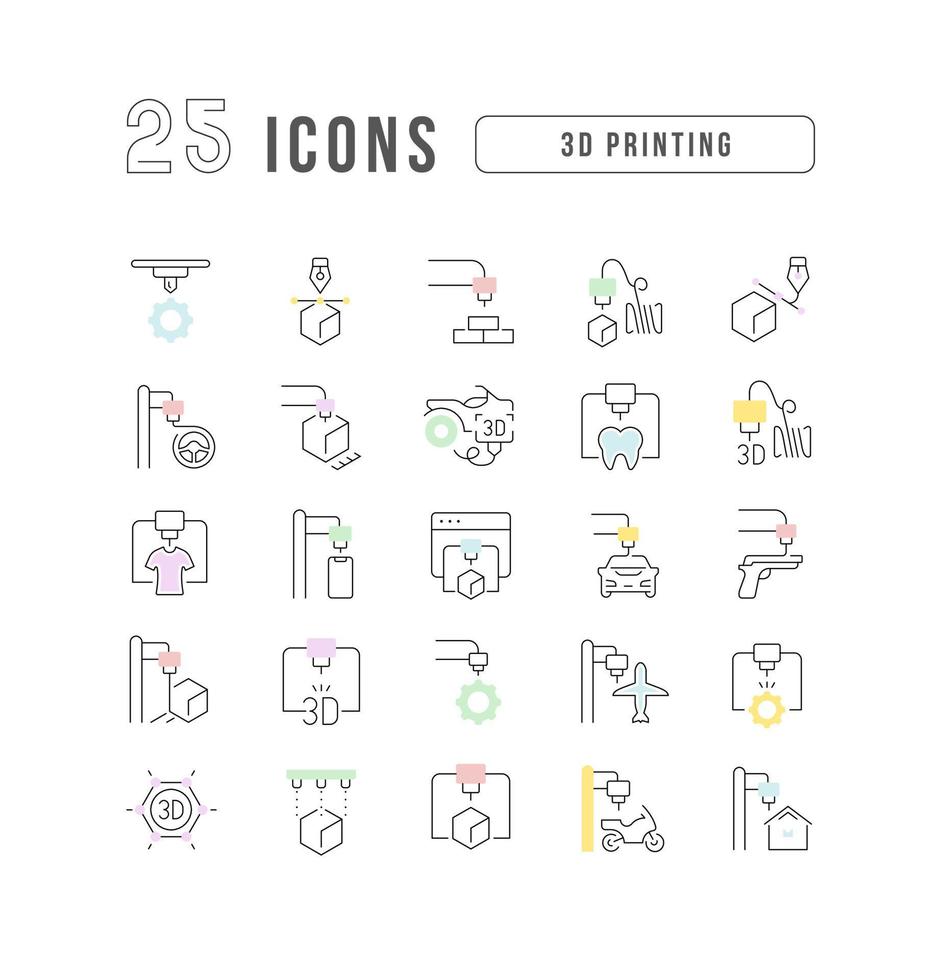 Set of linear icons of 3D Printing vector