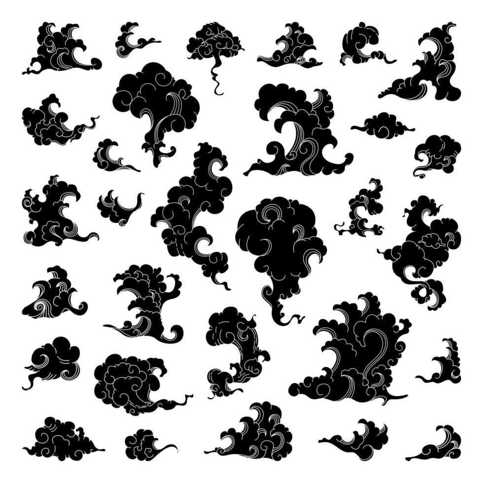 Set of Black Clouds of Smoke and Waves vector