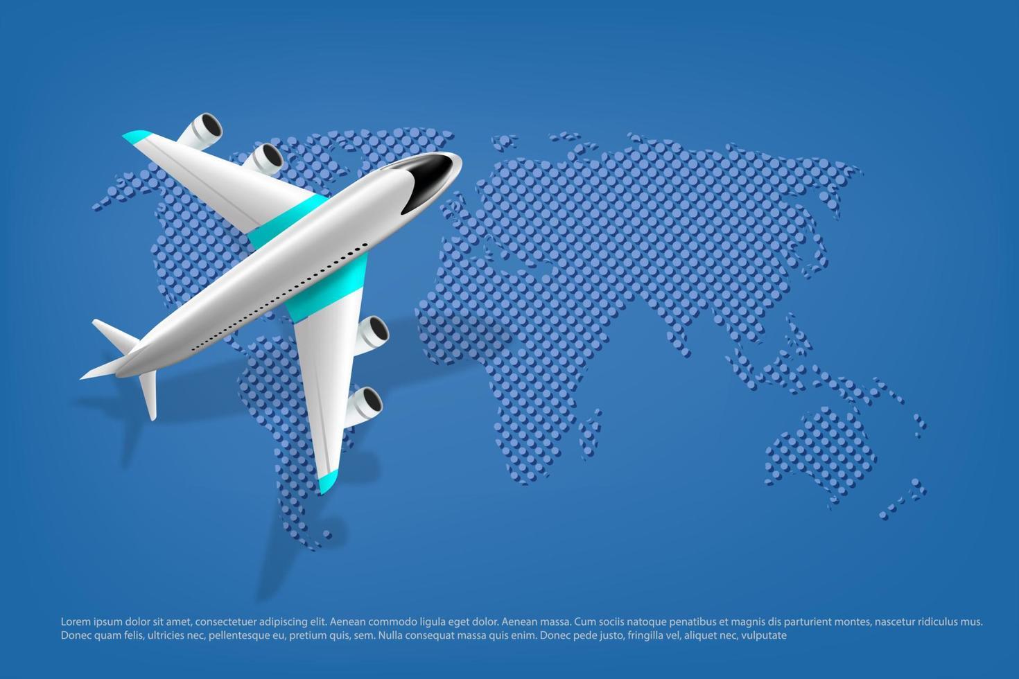 The plane is on takeoff. Travel concept design, 3d vector on a blue background for tourism promotion advertising, vector virtual template