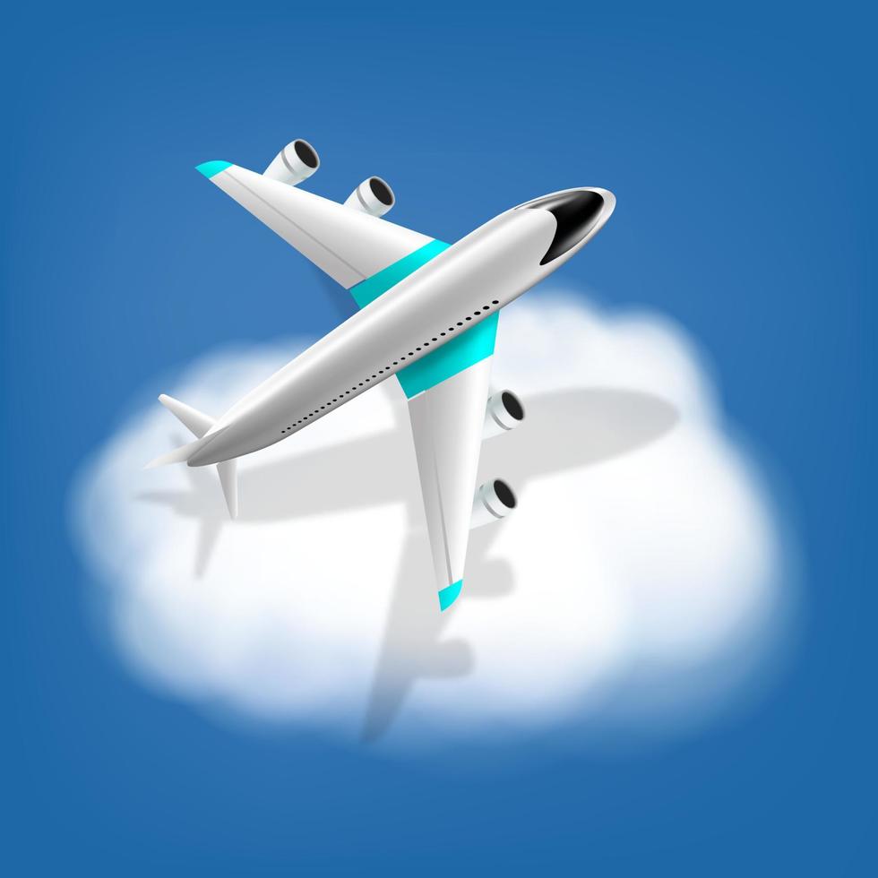 Vector 3d illustration of an airplane over a cloud. The concept of travel. A sign of a booking service or a travel agency. Air transport. Advertising banner.