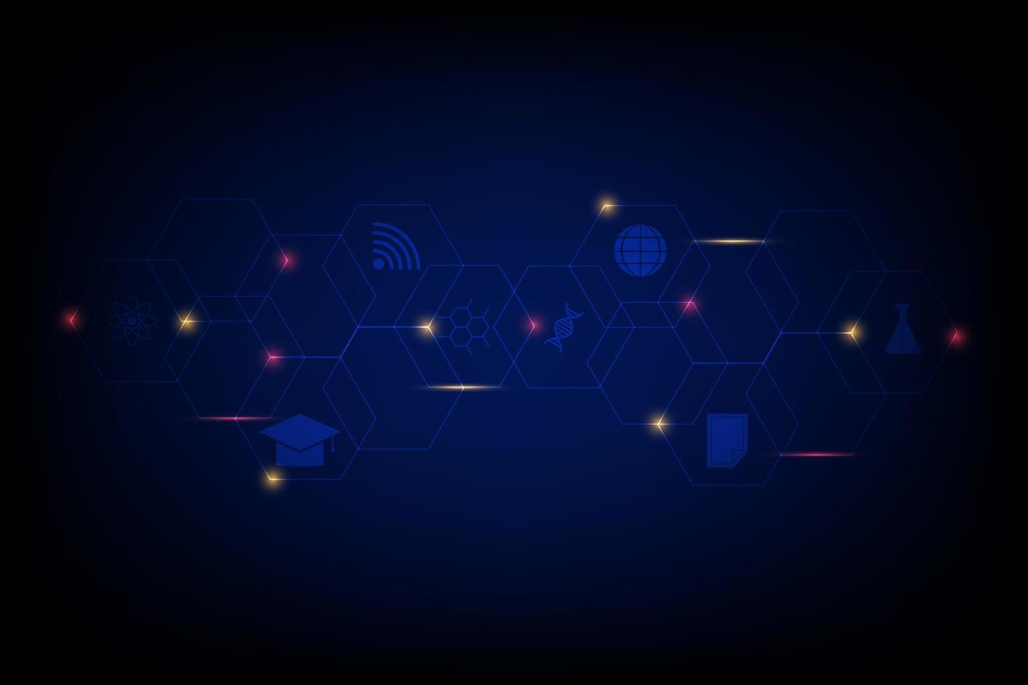E-learning concept. Hexagonal with education icons such as DNA, earth, wifi, and flask bottle on blue technology background. vector