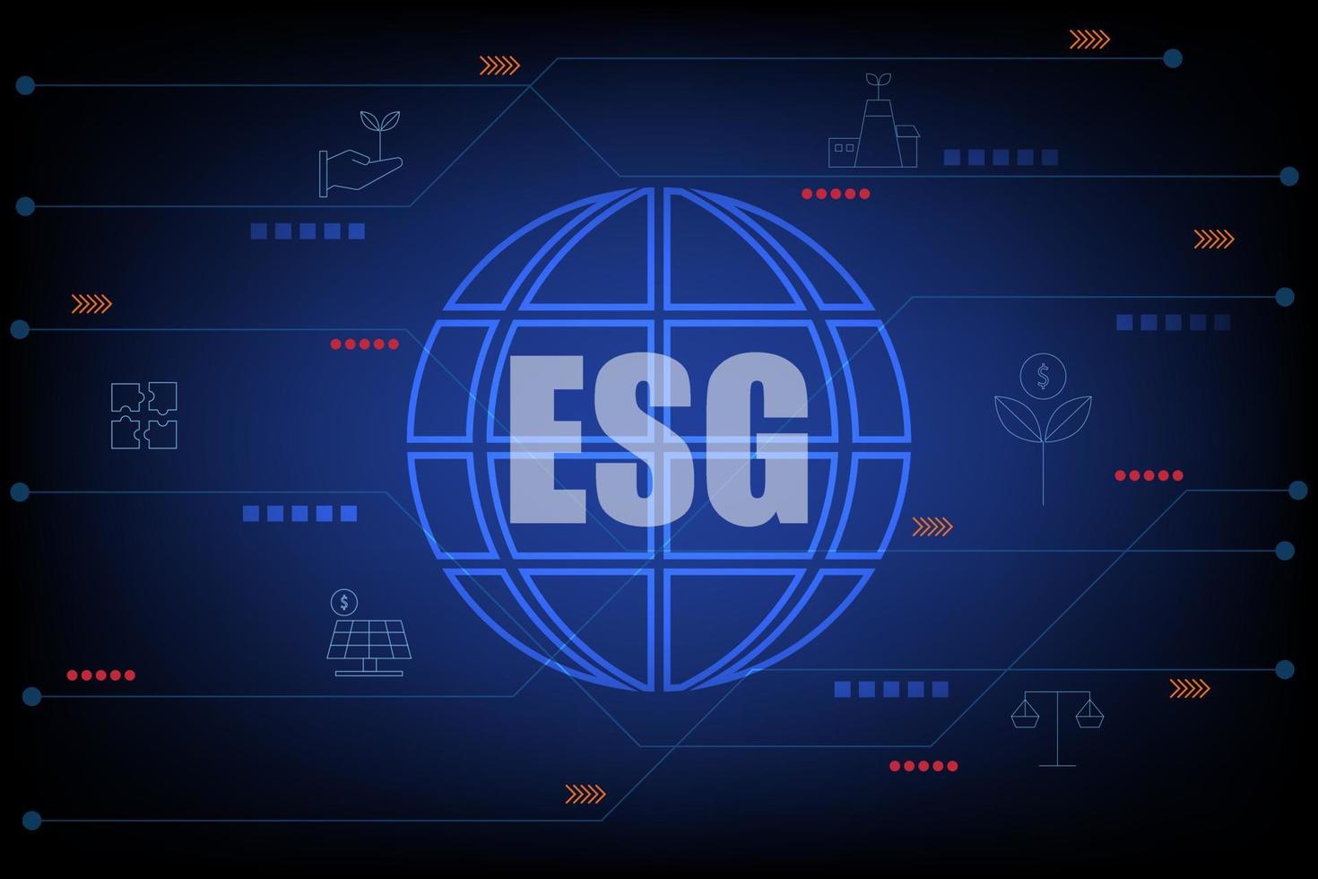 Set of environment, social, and governance ESG concept. Earth with thin line icons such as sustainable ecological, save water and energy, and honest people. vector