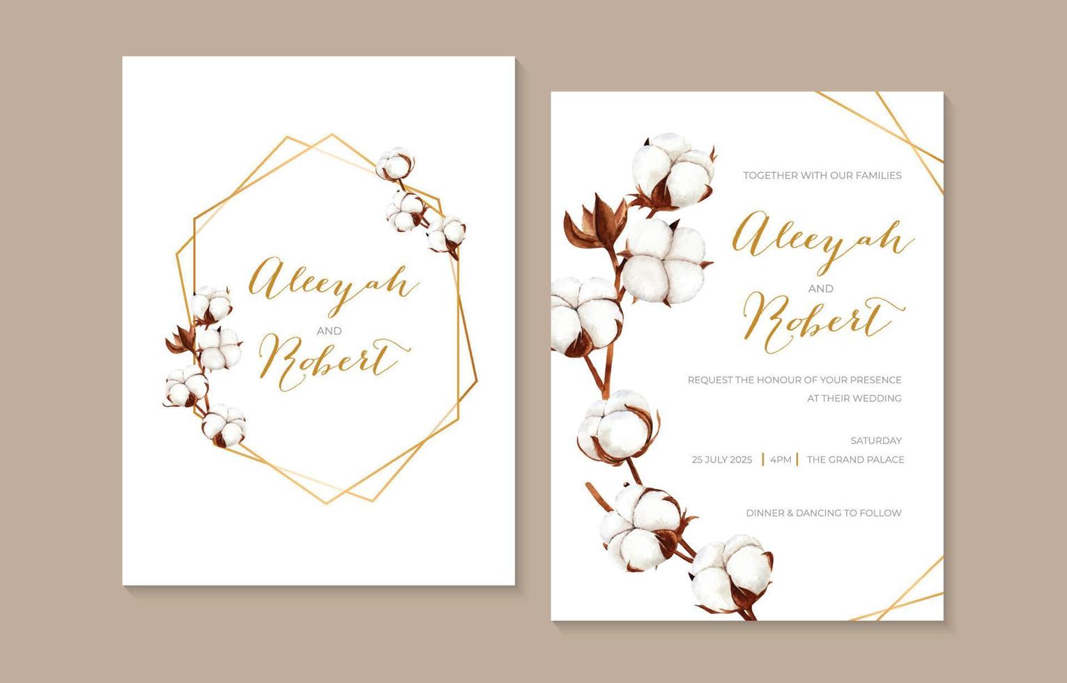 Rustic Wedding Invitation with Watercolor Dried Cotton Flower vector