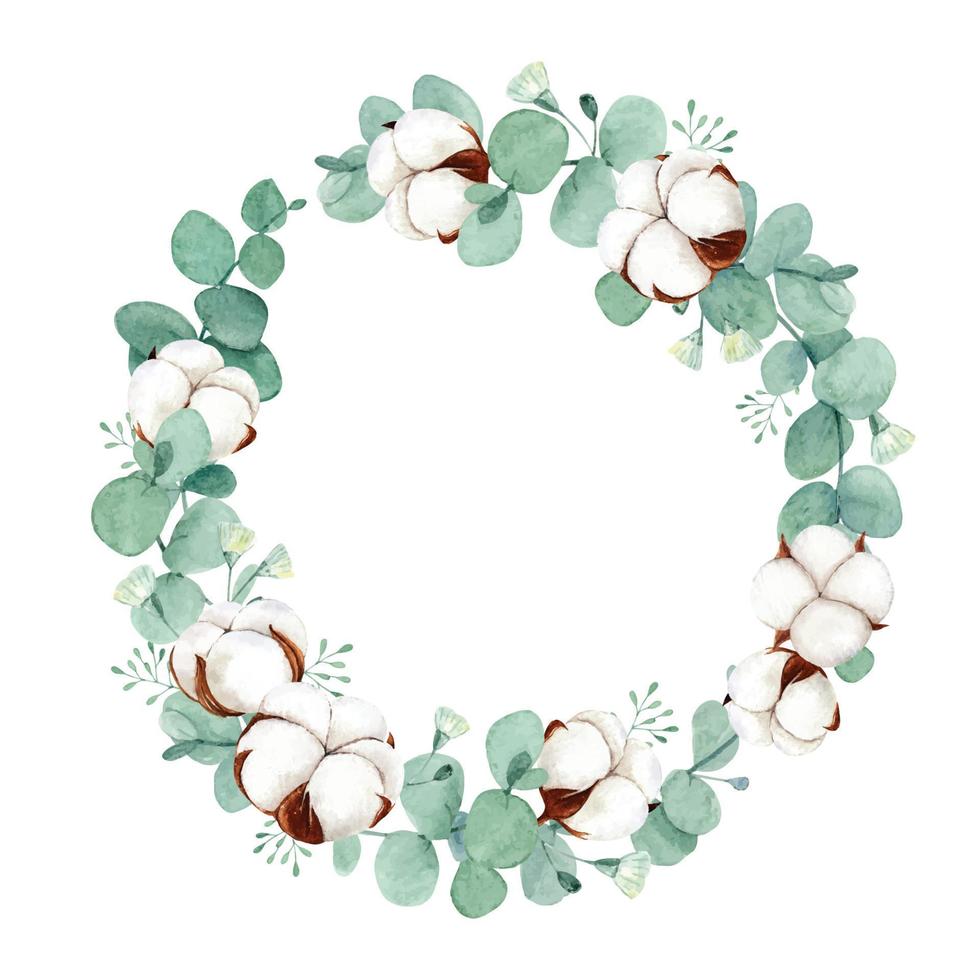 Watercolor Cotton and Eucalyptus Wreath vector