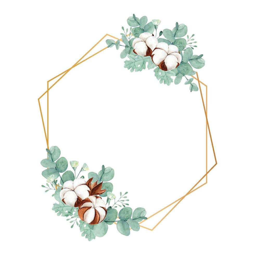 Geometric Frame with Watercolor Cotton Flower and Eucalyptus vector