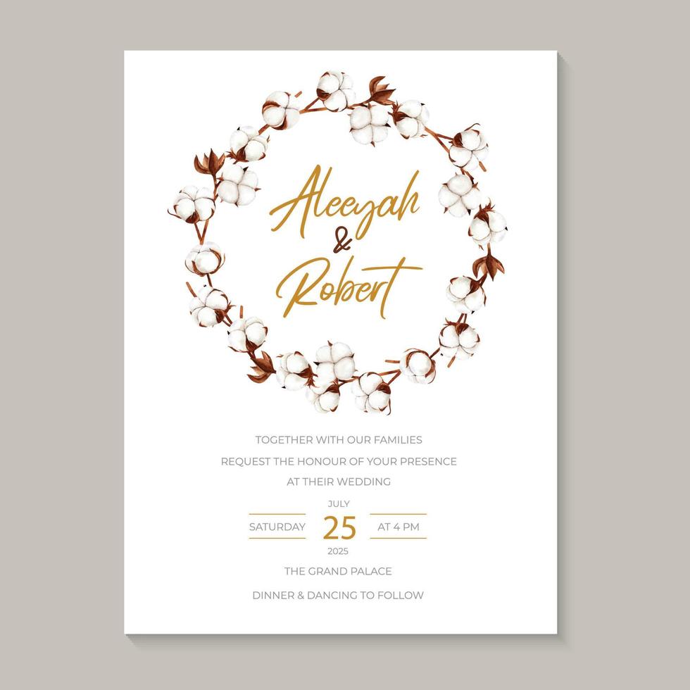 Rustic Wedding Invitation Decorated with Dried Cotton Flower Wreath vector