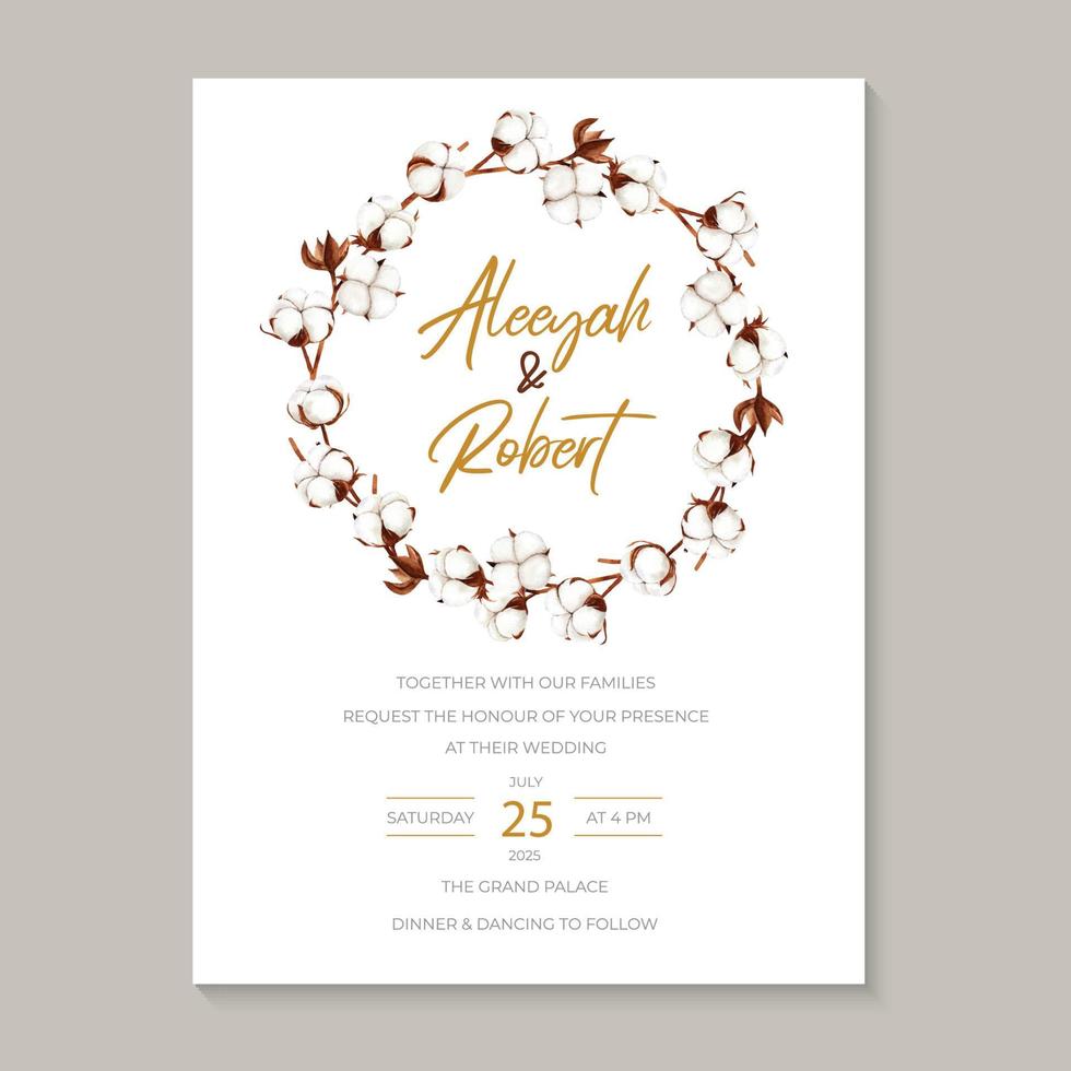 invitación de boda rústica decorada con corona de flores de algodón seco vector