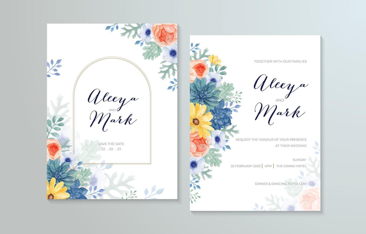 plantilla de tarjeta de invitación de boda romántica con decoración floral de acuarela vector