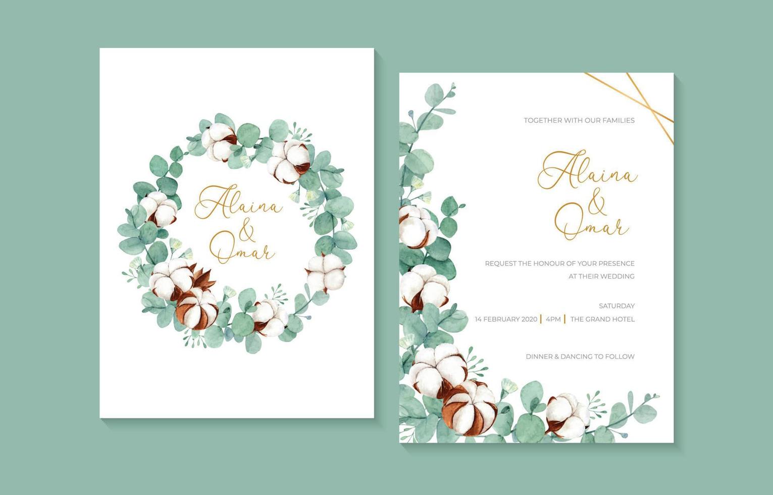 Watercolor Wedding Invitation with Cotton Flower and Eucalyptus vector