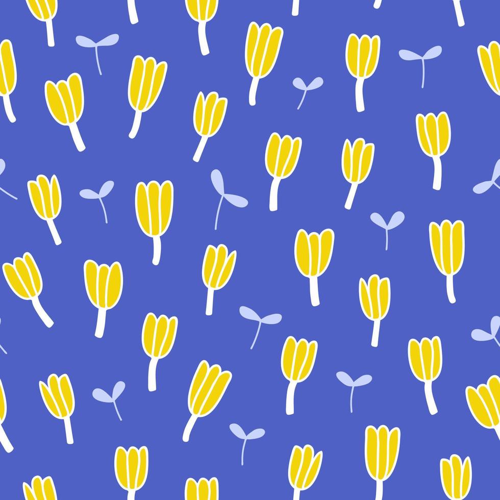 Seamless pattern with hand drawn yellow flowers on blue background. Simple design for fabric, home textile, wrapping paper, cover vector