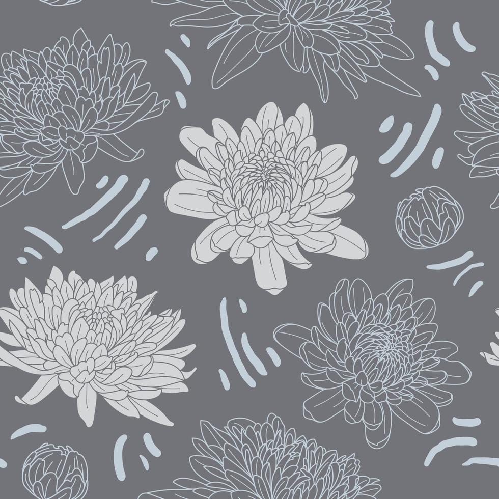 Chrysanthemum seamless pattern. Hand drawn autumn flowers in grey colors. Design for fabric, home textile, wrapping paper. vector