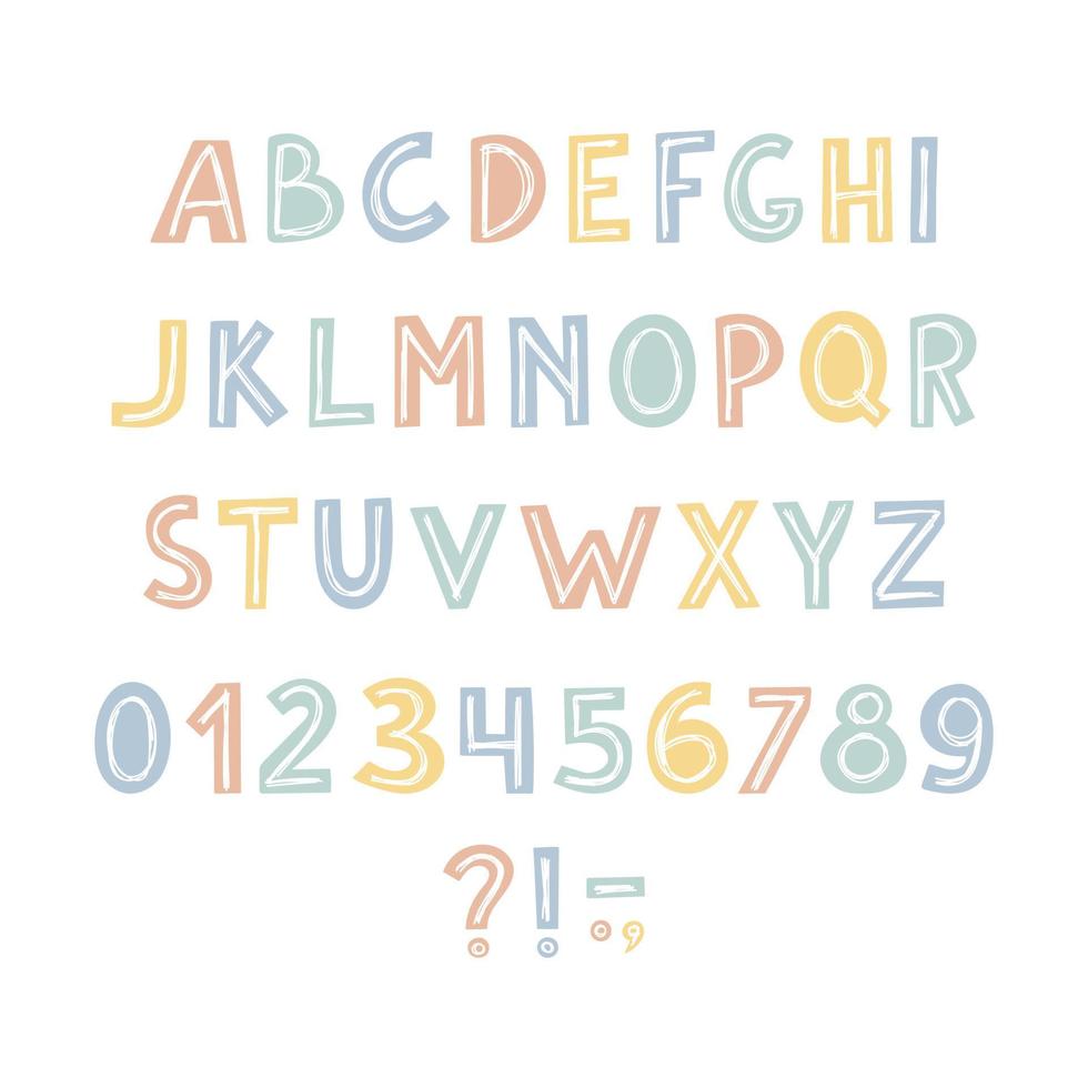 Set of hand drawn letters and numbers. Alphabet in pastel colors vector