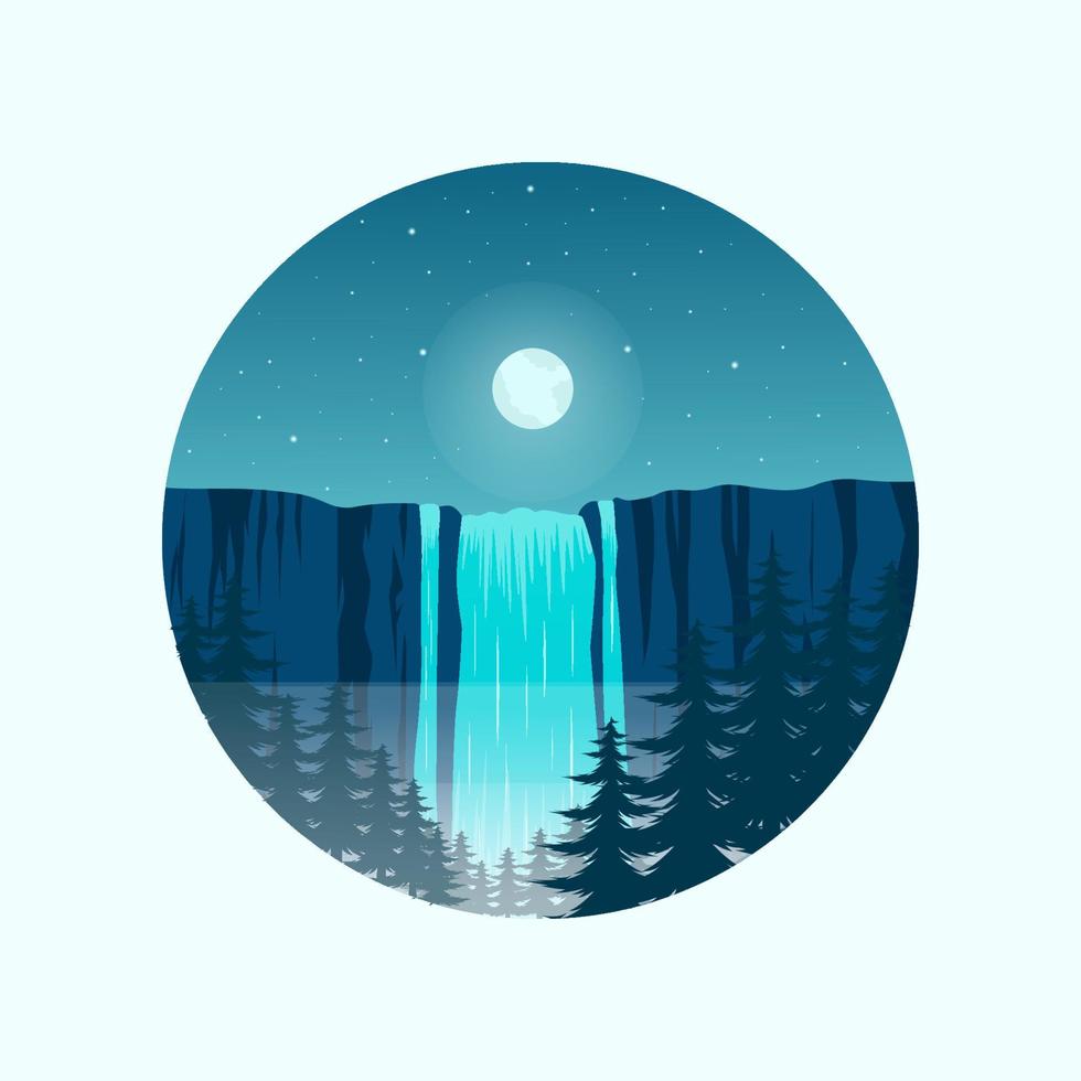 Waterfall logo design landscape vector illustration night