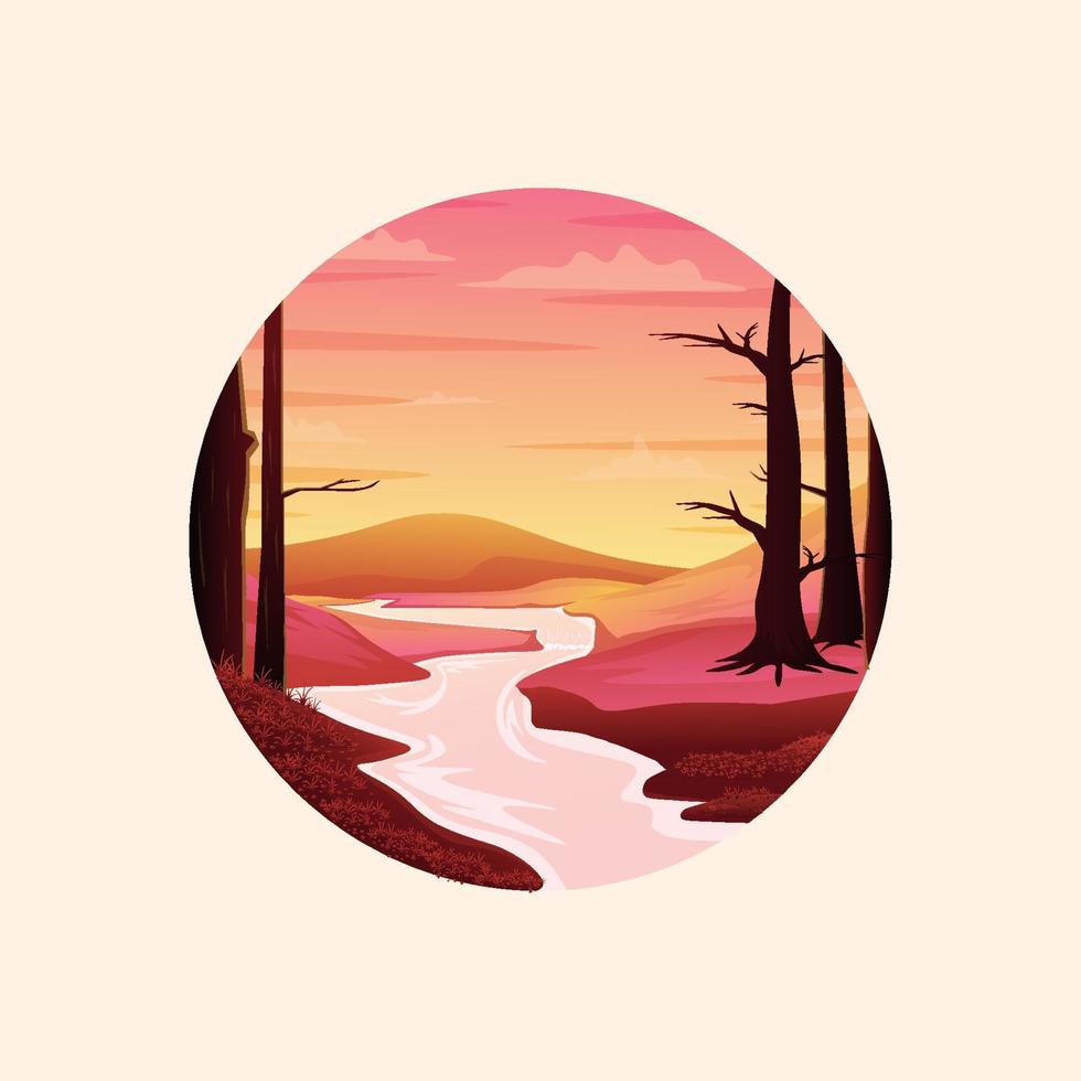 Ilustración de vector de paisaje de diseño de logotipo de puesta de sol de río