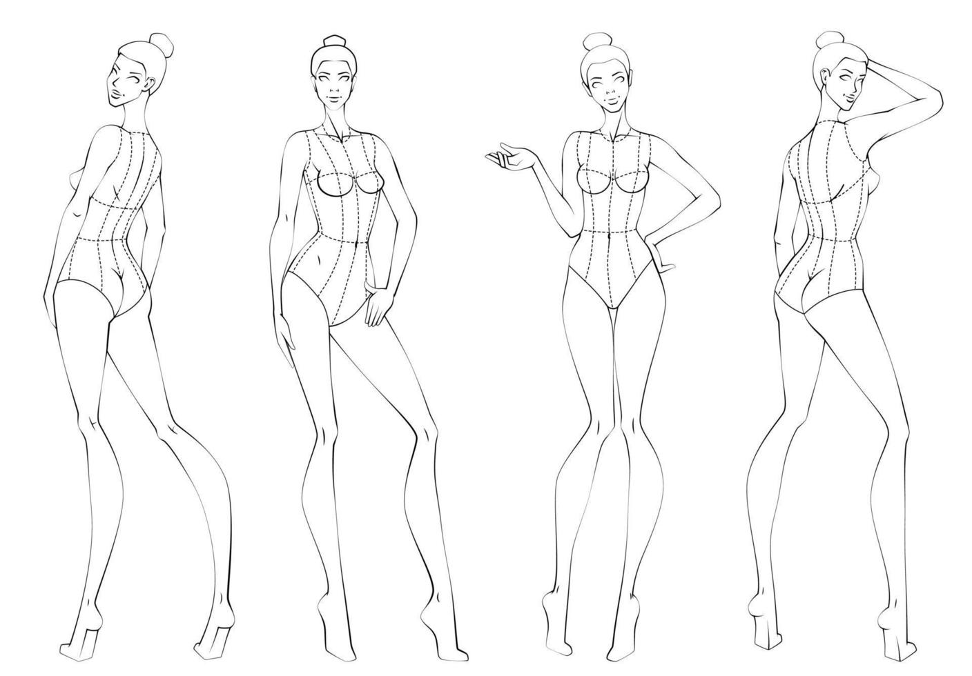 Female Ten Heads Figure Poses Template Croquis for Fashion Design. Vector Illustration
