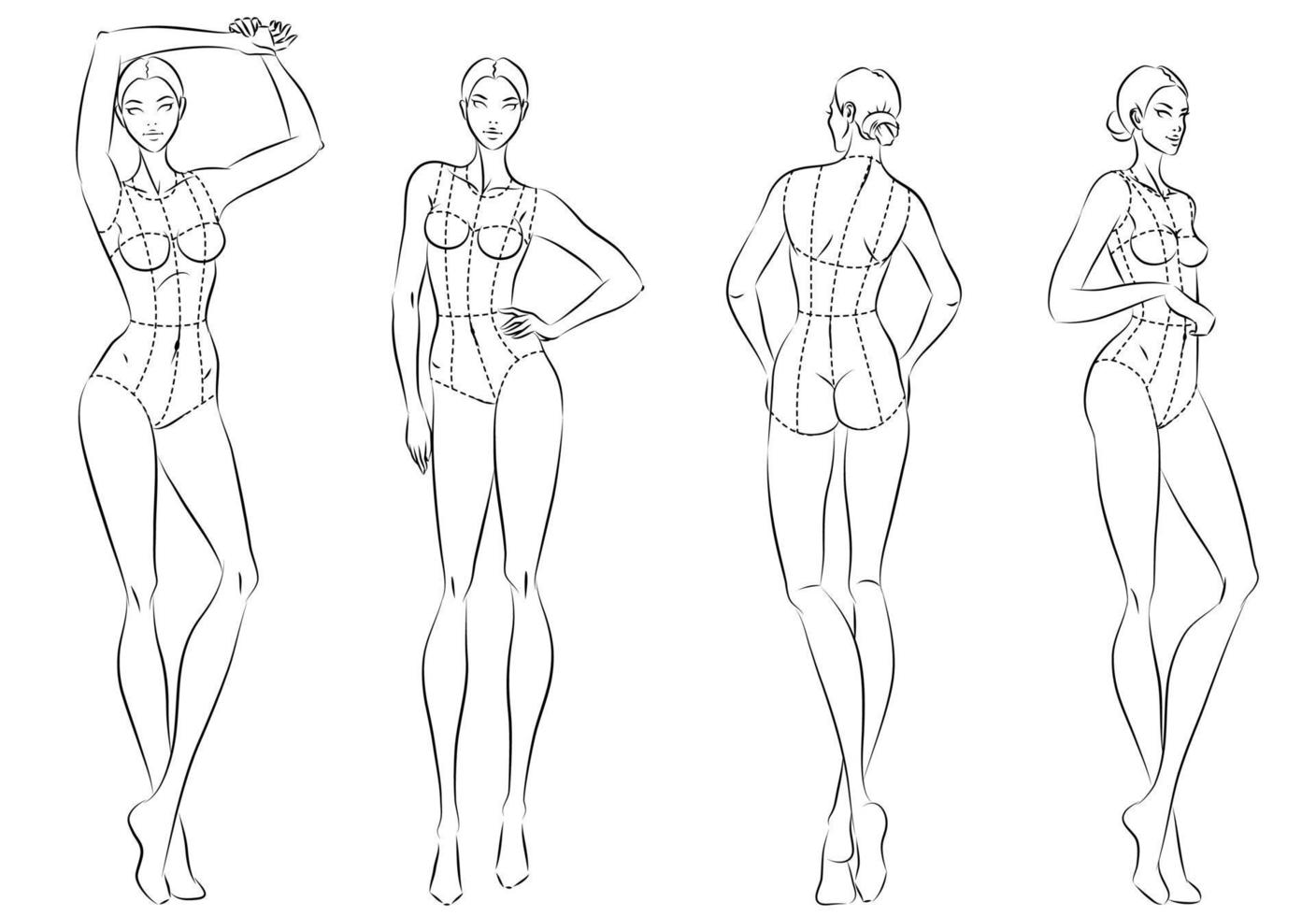 figura de moda diez cabezas plantilla de diseño croquis con corpiño vector