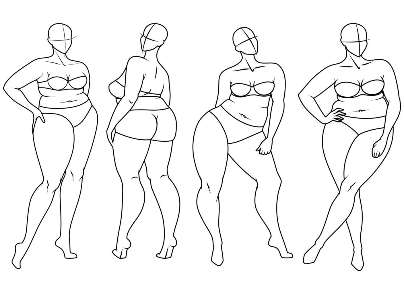 Plus Size Fashion Figure Templates. Exaggerated Croquis for Fashion Design and Illustration. Vector Illustration