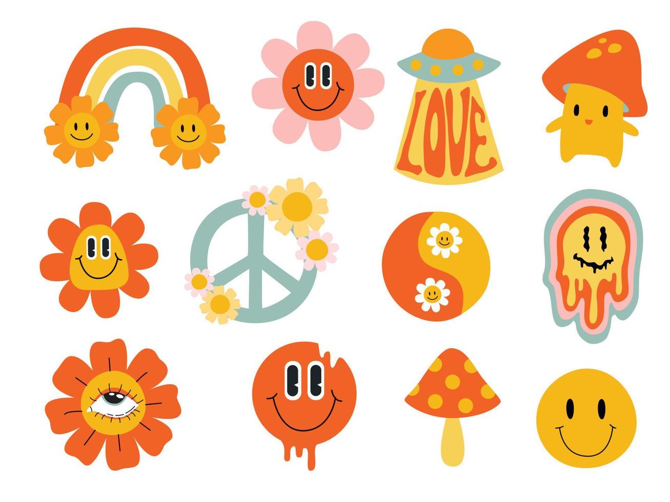 Psychedelic retro sticker. Cartoon abstract groovy comic funny emoji characters. Vector illustration set.