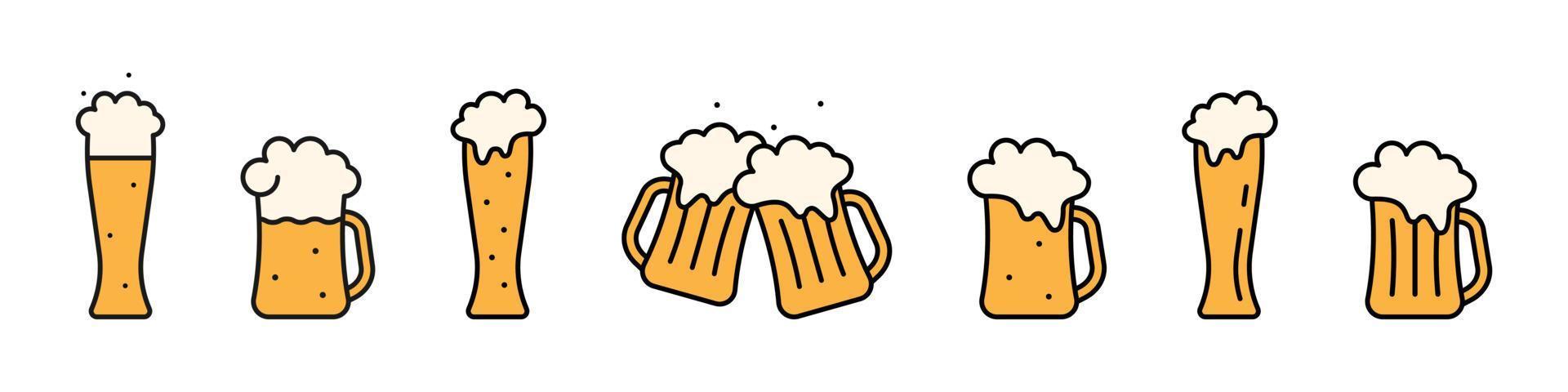 Mugs and glasses with beer icon. Yellow cup with refreshing drink with bubbles and white foam. Night beer pub emblem for vector design