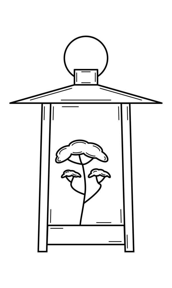 Hand drawn lantern in Japanese style with the image of bonsai. Doodle style. Sketch. Vector illustration