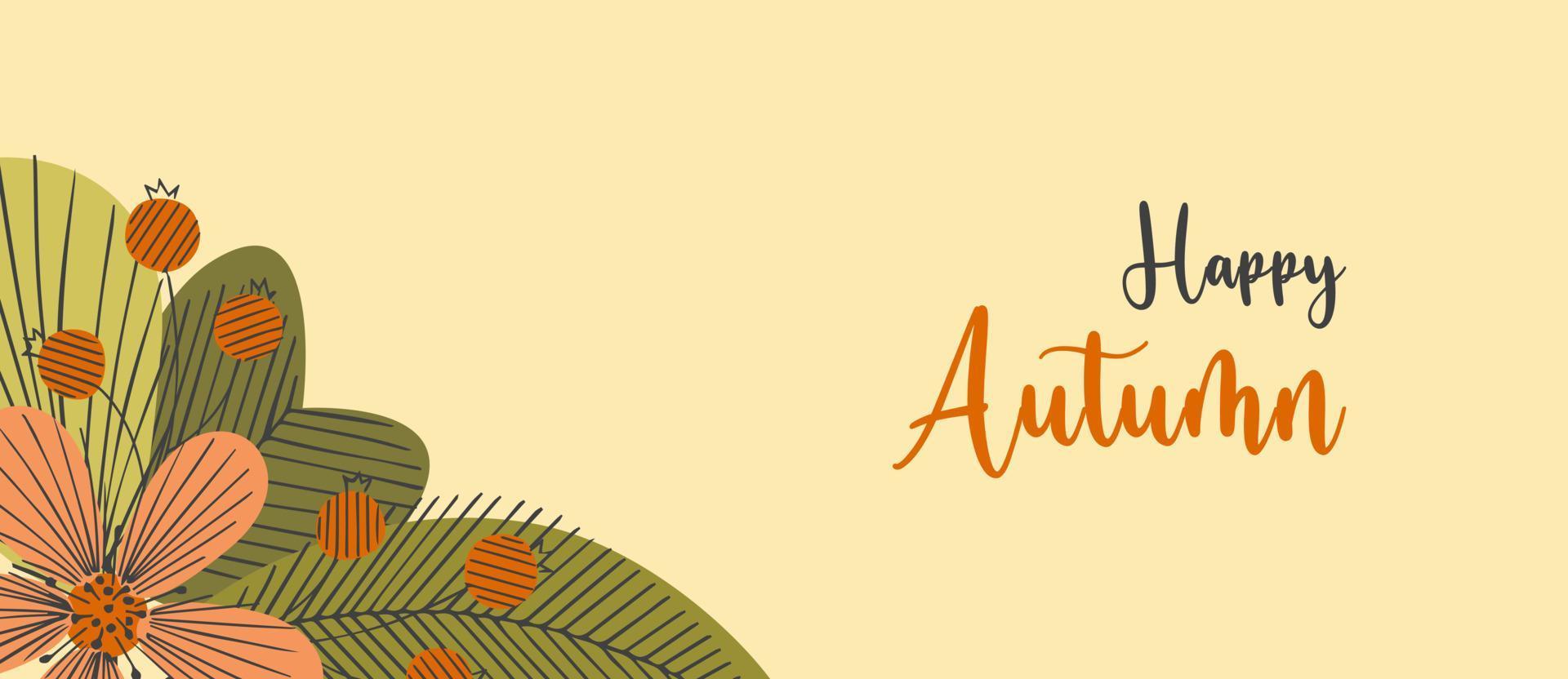 Autumn banner background, template with doodle flowers leaf berry autumn colors. vector