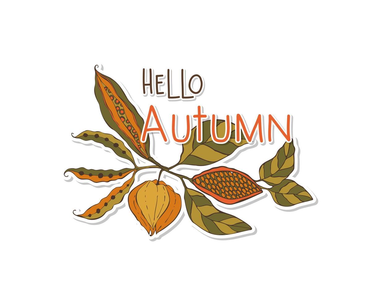 Hello Autumn Sticker inscription letters , hand drawn doodle branches leaves physalis pods. vector