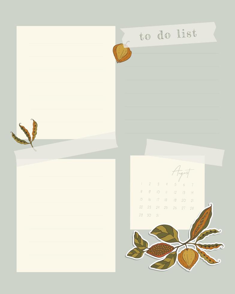 August 2022 calendar collage template for note, to-do list, reminder, autumn sticker doodle hand drawing. vector