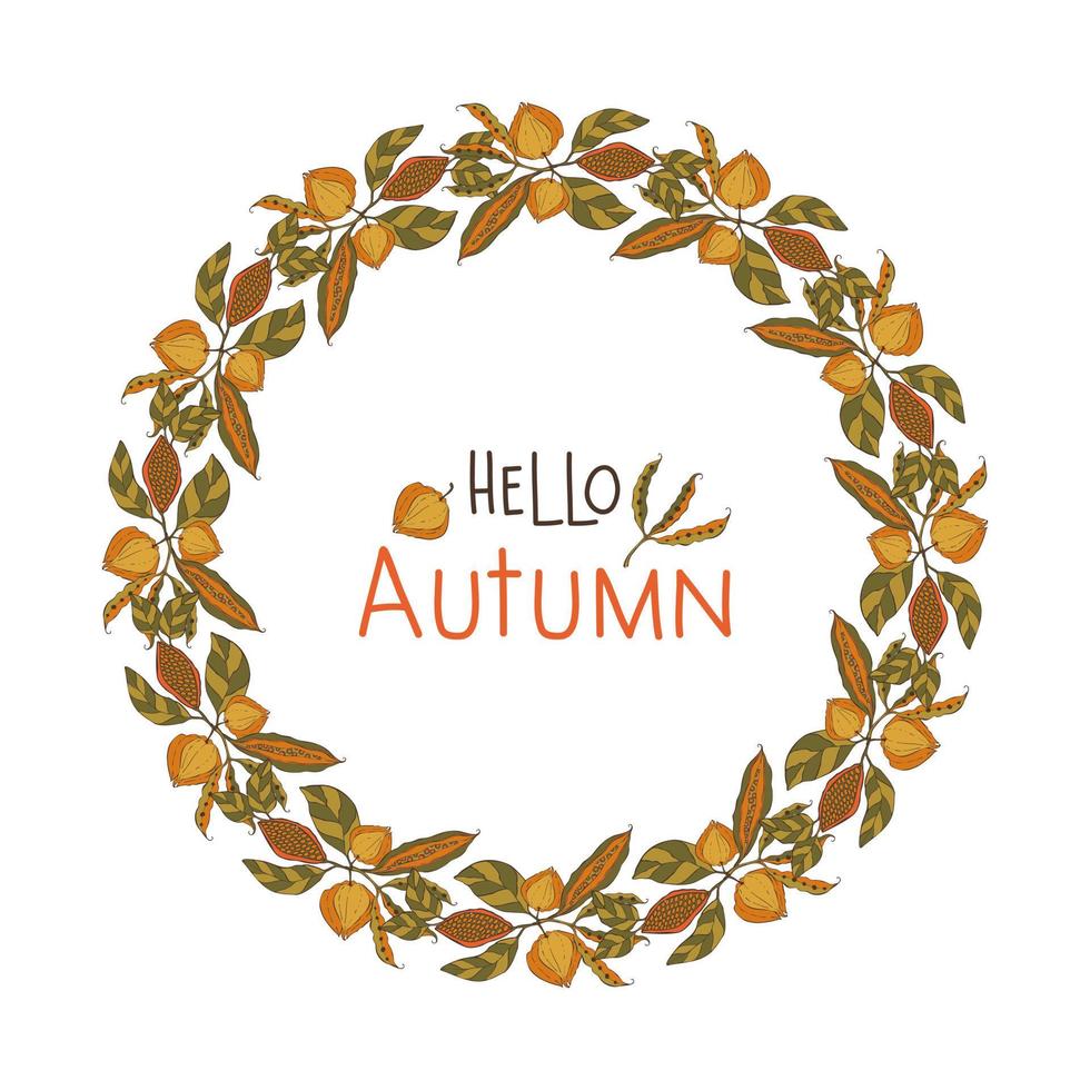 corona hola otoño dibujado a mano doodle marco redondo con ramas hojas e inscripción. vector