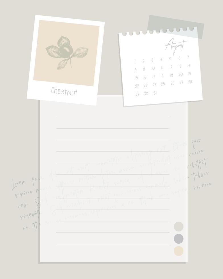 August 2022 calendar collage template for note, to-do list, reminder, checklist, chestnut stamp hand drawing. vector