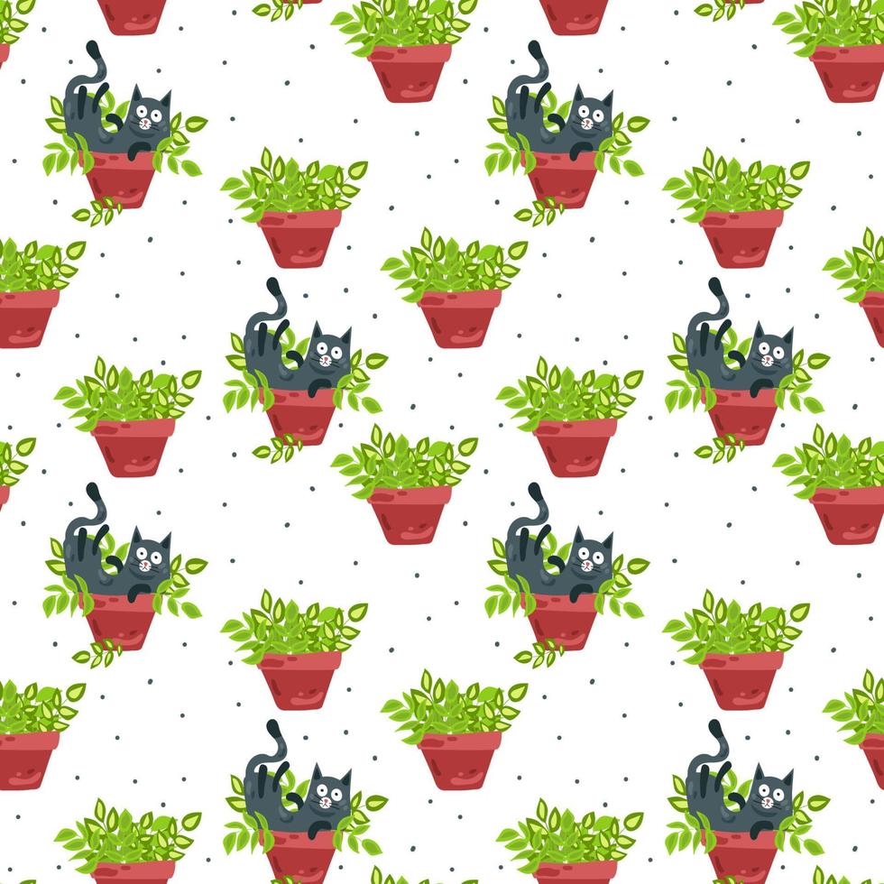 Funny cats and potted flowers. Cats are pranksters. Colorful seamless pattern. vector