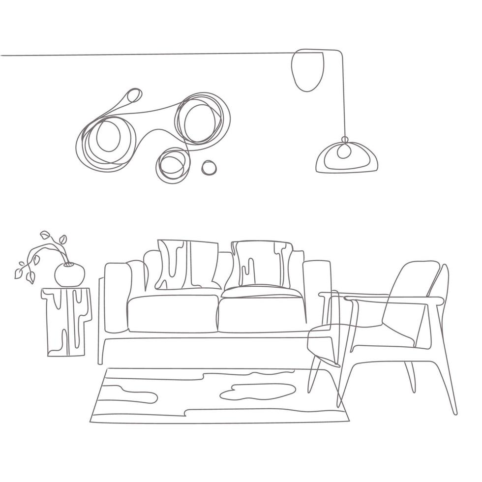 Modern Living room interior outline sketch vector drawing.Leisure place for relaxation with sofa and pillows, armchair,chandelier,houseplant.Japandi style interior line art drawing.Minimal art