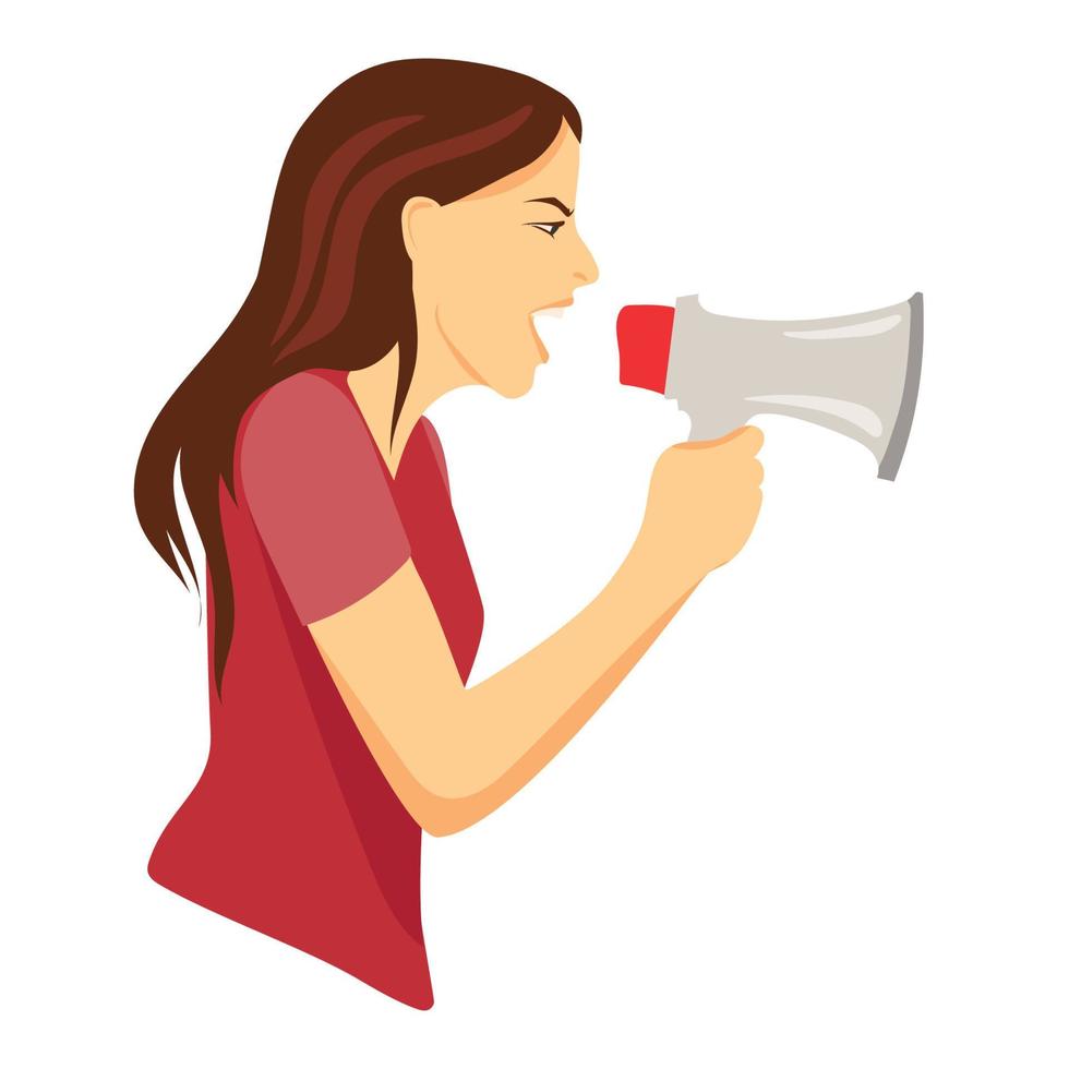 Woman activist screaming in megaphone vector flat illustration on white background.Angry girl holding a megaphone,loud speaker.Women rights protection concept.Protest demonstration