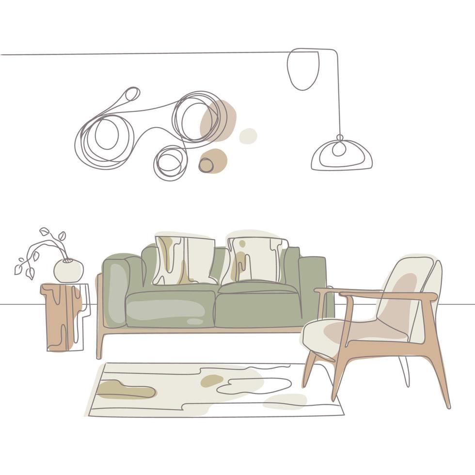 ilustración vectorial de dibujo manual interior moderno contemporáneo. diseño interior de una sala de estar en un estilo minimalista japonés con colores neutros naturales. dibujo lineal sobre un fondo blanco vector