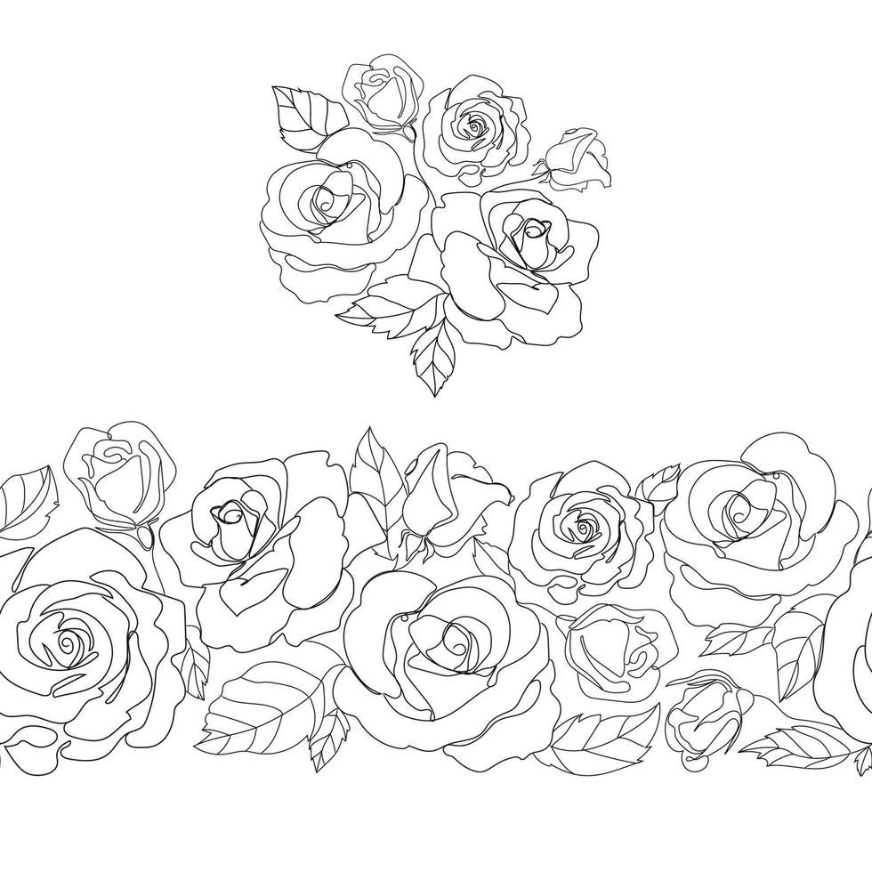 borde floral de patrones sin fisuras con rosas para el diseño de decoración, ilustración vectorial. rosas flores línea arte dibujo en blanco y negro para boda, estampado de moda, diseño textil.fondo botánico. vector