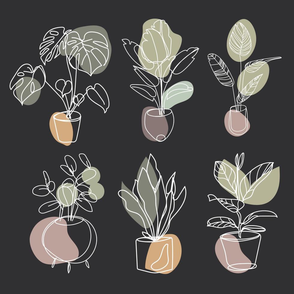 Indoor house plants Line drawing on dark background vector set.Collection of potted plants in Minimal art style hand drawing.Houseplants abstract drawing in neutral natural colors