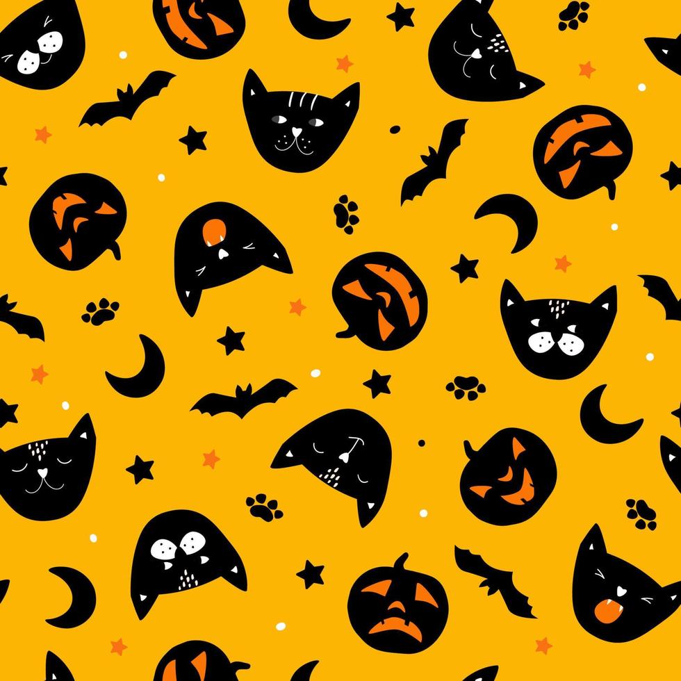 patrón sin costuras con halloween. gatos, calabazas, luna, murciélagos para un estampado festivo de otoño. gráficos vectoriales vector