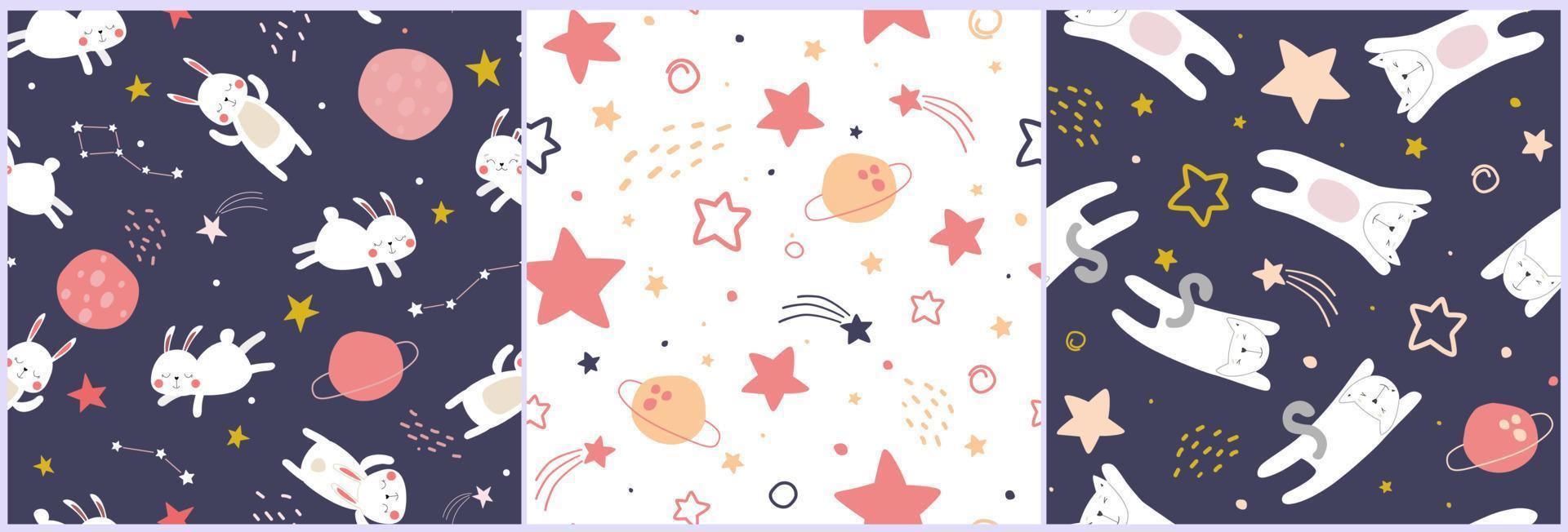 un conjunto de patrones impecables con un cielo estrellado, animales voladores dormidos. conejo divertido, gato, entre el cosmos, planetas, cometas, constelaciones. impresión de espacio abstracto para niños. gráficos vectoriales vector