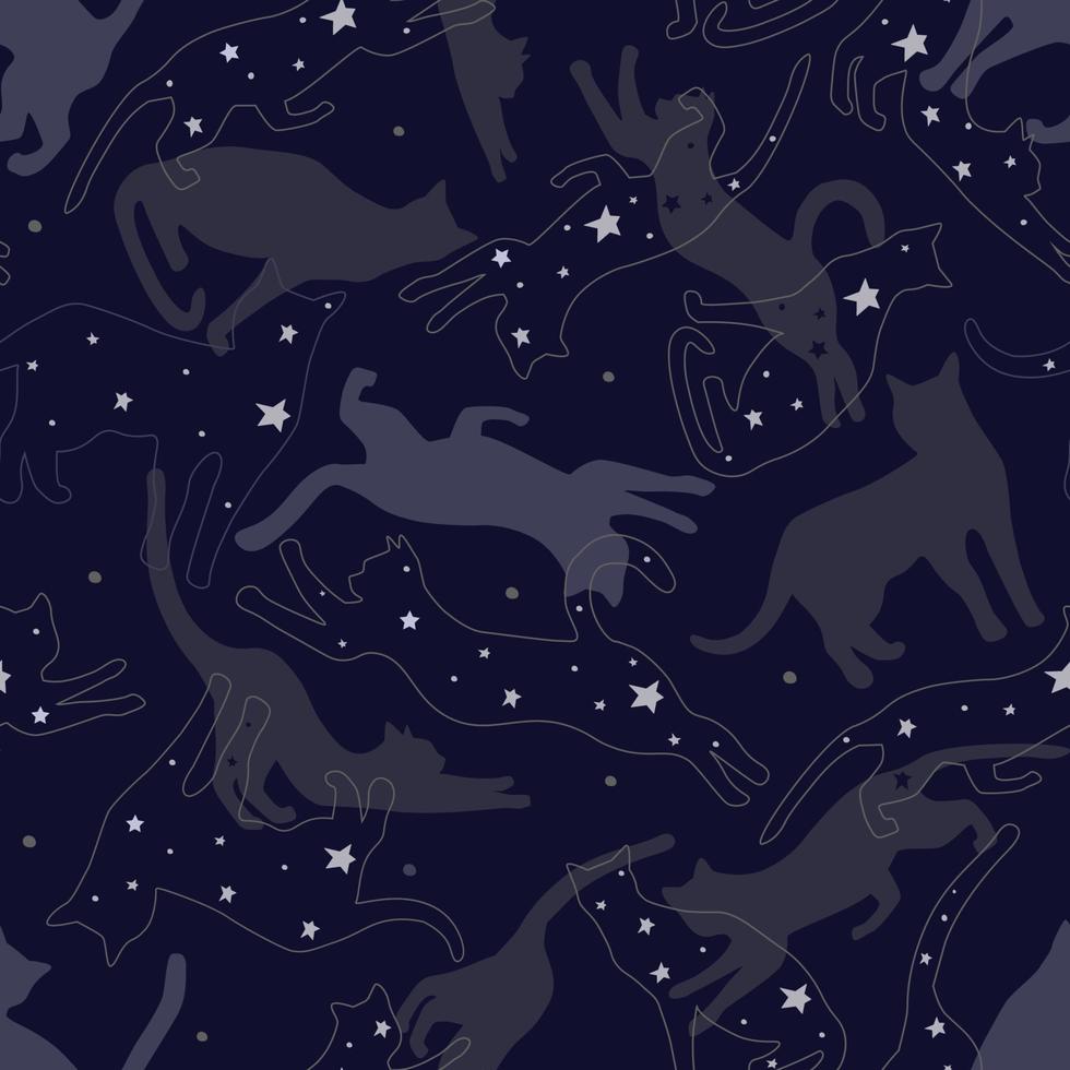 Seamless pattern of silhouettes of cats with stars in different poses. Cute cats play, jump in outer space. Night dream sky. Vector graphics.