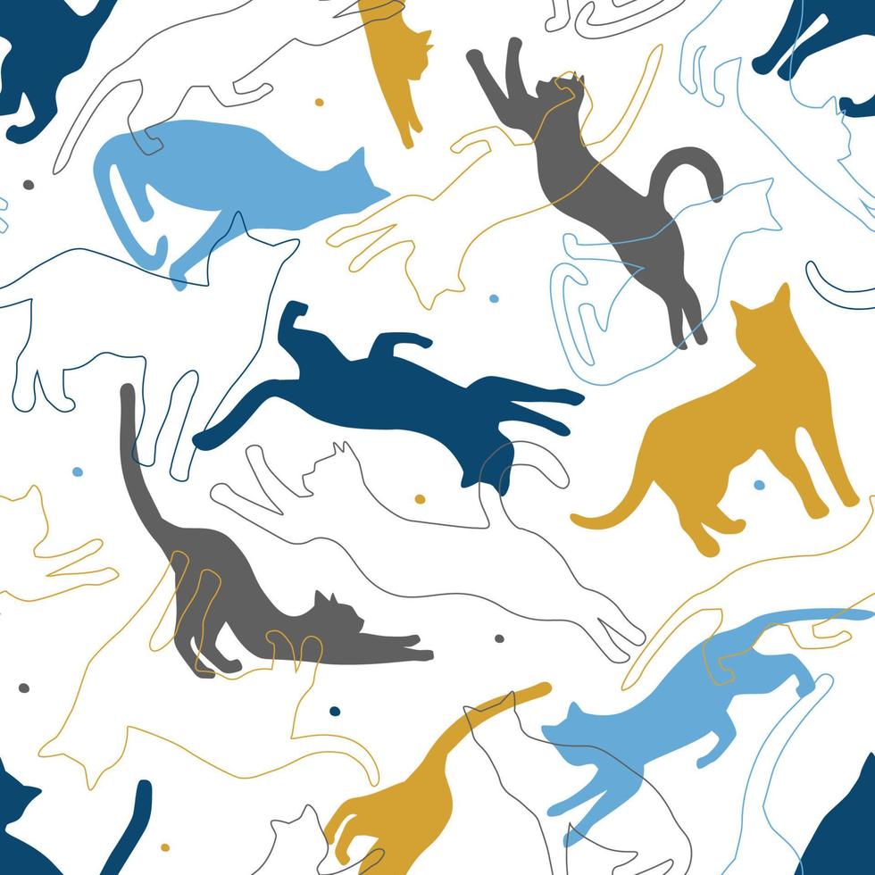 patrón impecable de siluetas de gatos en diferentes poses. lindos gatitos juegan, saltan. gráficos vectoriales vector