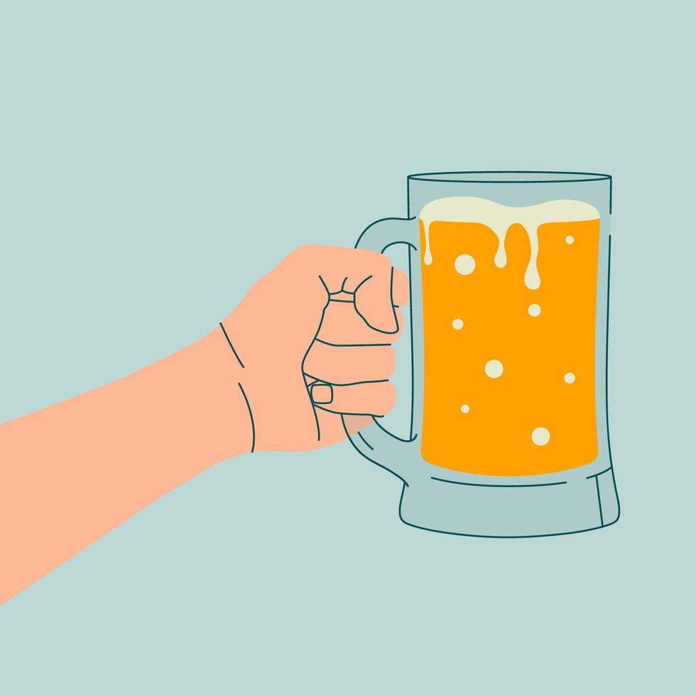 dibujo de esquema. manos del hombre sosteniendo un vaso de cerveza. ilustración plana para tarjetas de felicitación, postales, invitaciones, diseño de menú. plantilla de arte lineal. vector