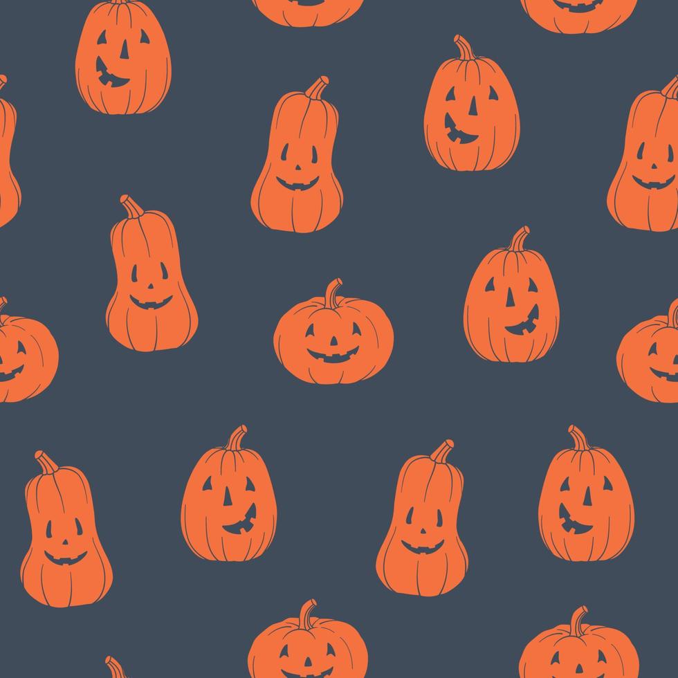 Pattern pumpkins. Main symbol of Halloween. Orange pumpkin with various funny faces. Template for your design. Hand drawn trendy vector seamless pattern. Square background, wallpaper