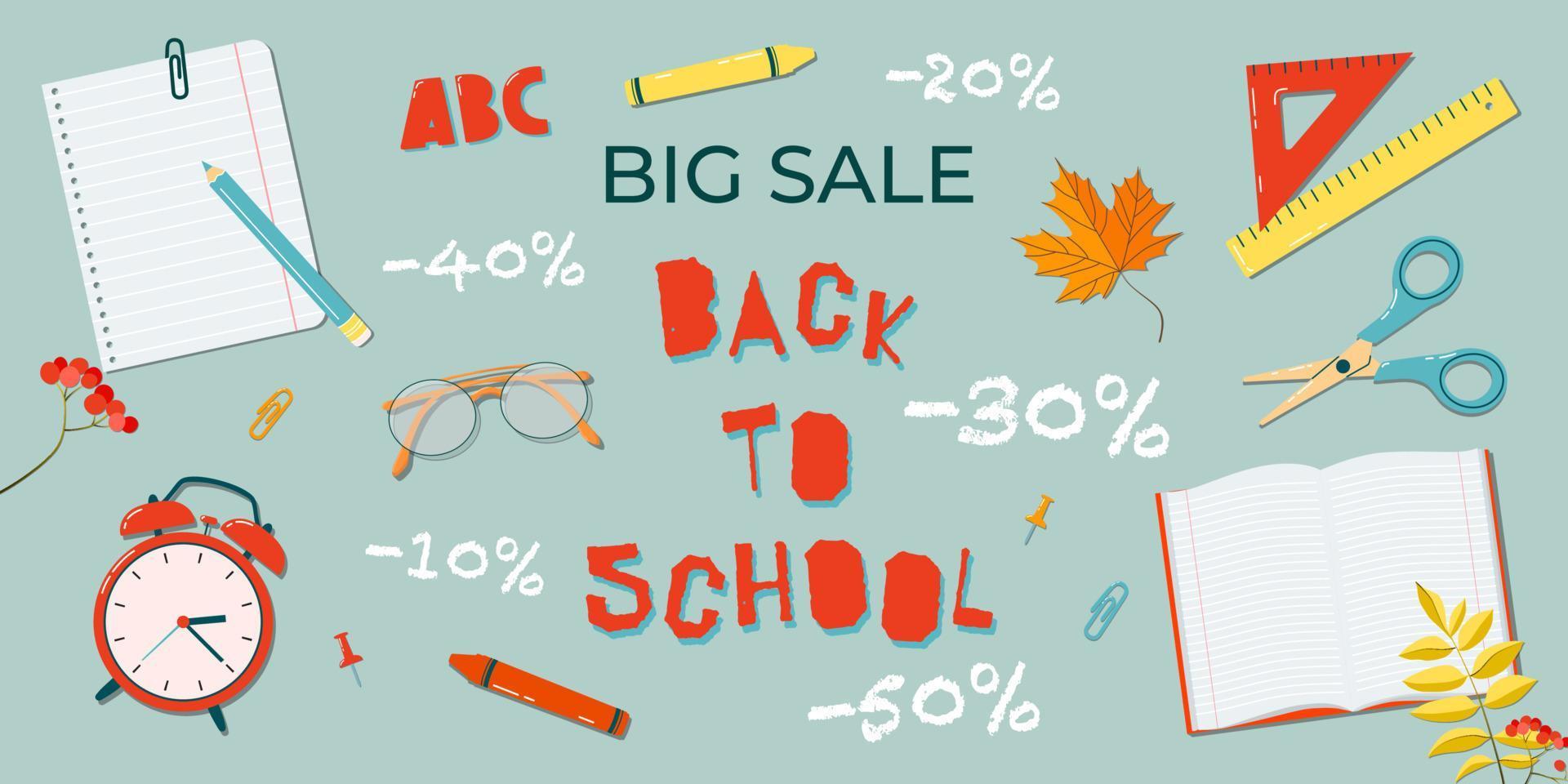 Big sale of school supplies, discounts. Back to school autumn concept. Pupil's supplies. Vector illustration in a flat style on a blue background. All objects are isolated