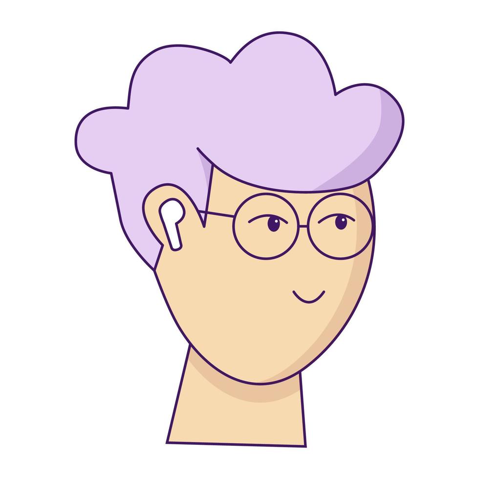 chico estudiante con auriculares aislado sobre fondo blanco. buen tipo con cabello morado y anteojos escuchando música. ilustración vectorial vector